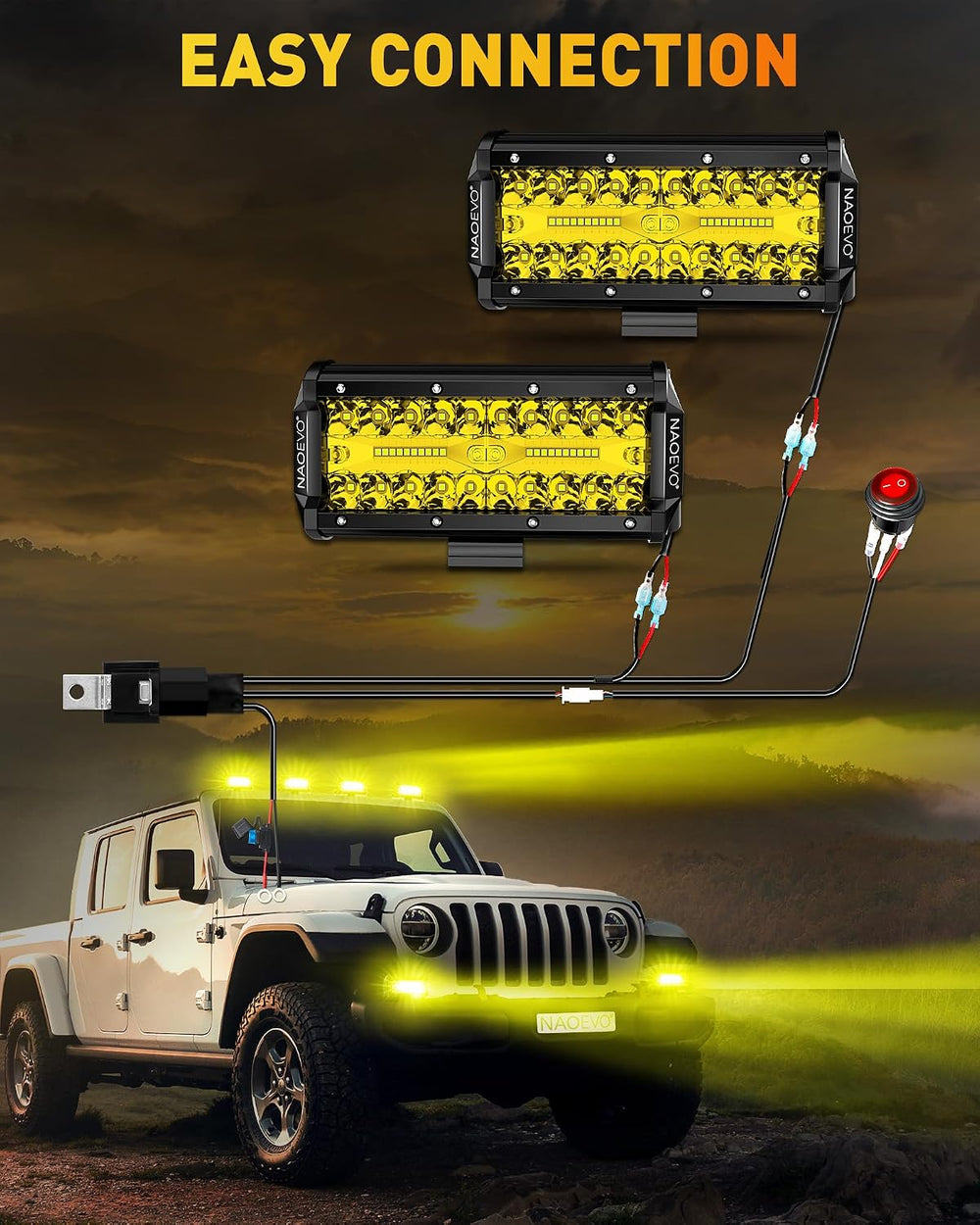 NAOEVO 7 Inch LED Light Bar, Yellow LED Pods/Fog Lights with 2-Lead Harness