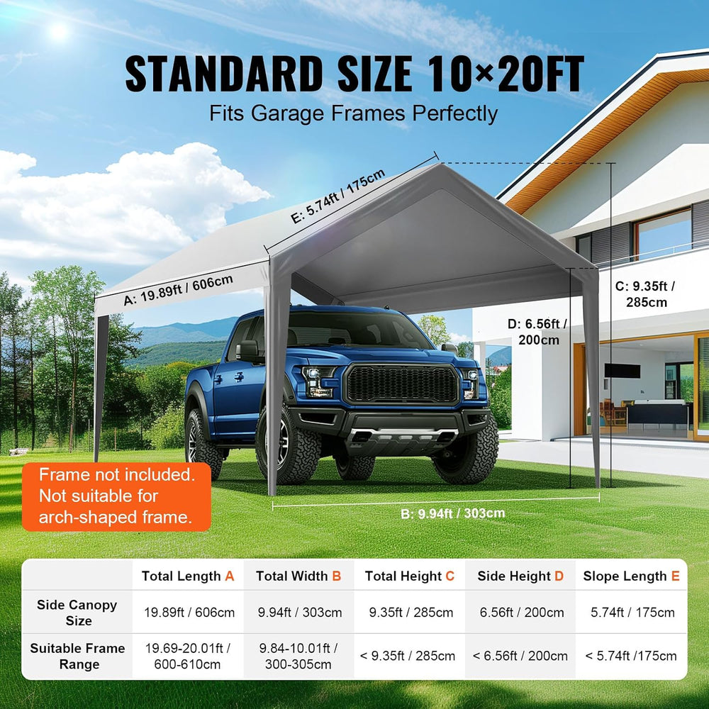 VEVOR Carport Replacement Canopy 10x20 ft, PE Waterproof UV-Proof