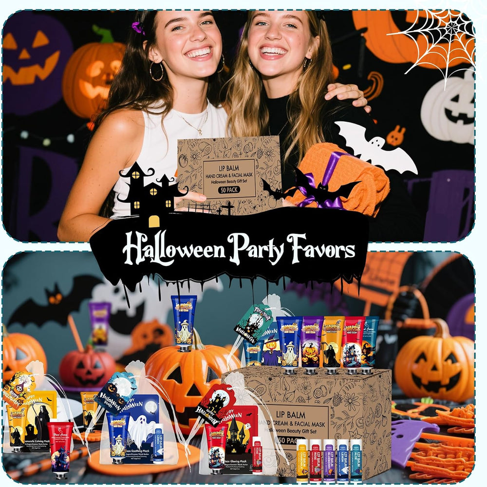 50 Pack Halloween Hand Cream, Facial Mask and Lip Balm Set, Halloween Gifts