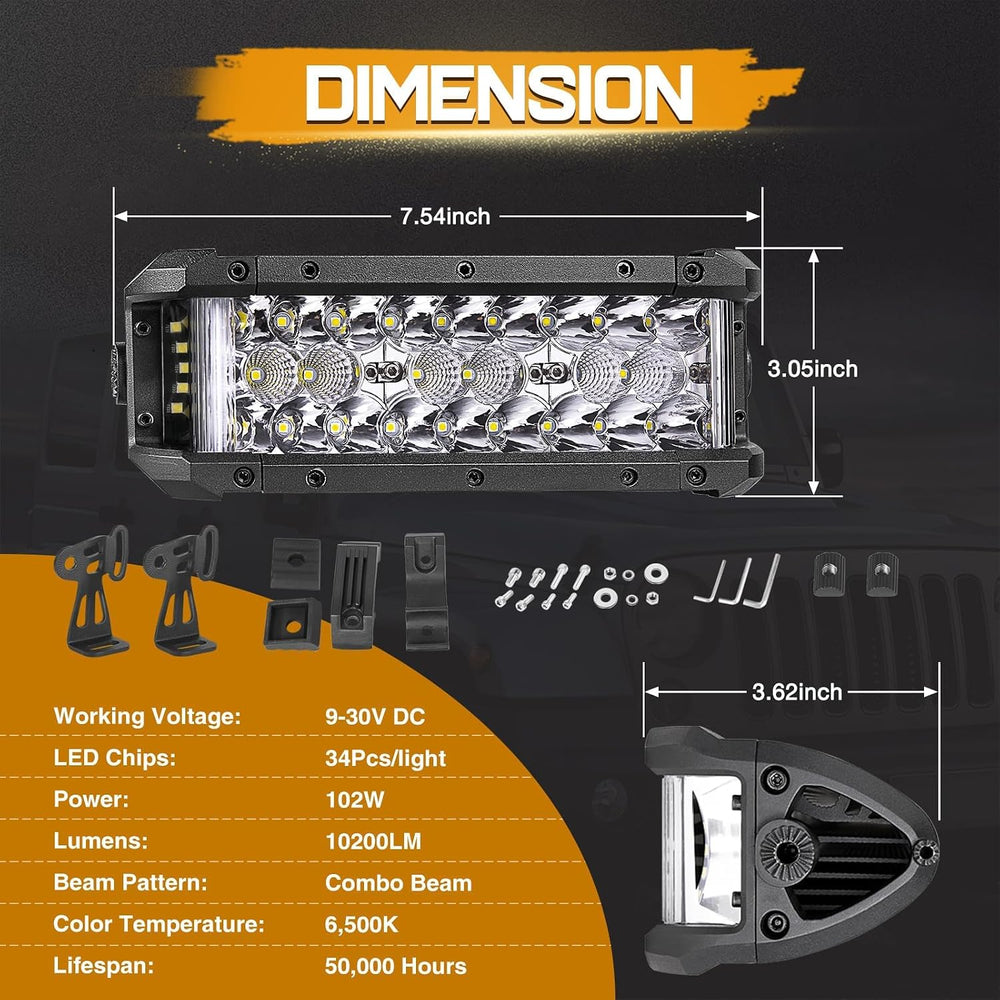 LED Light Bar, 8 Inch 102W Triple Row Side Shooter LED Pods Off Road Spot Flo...