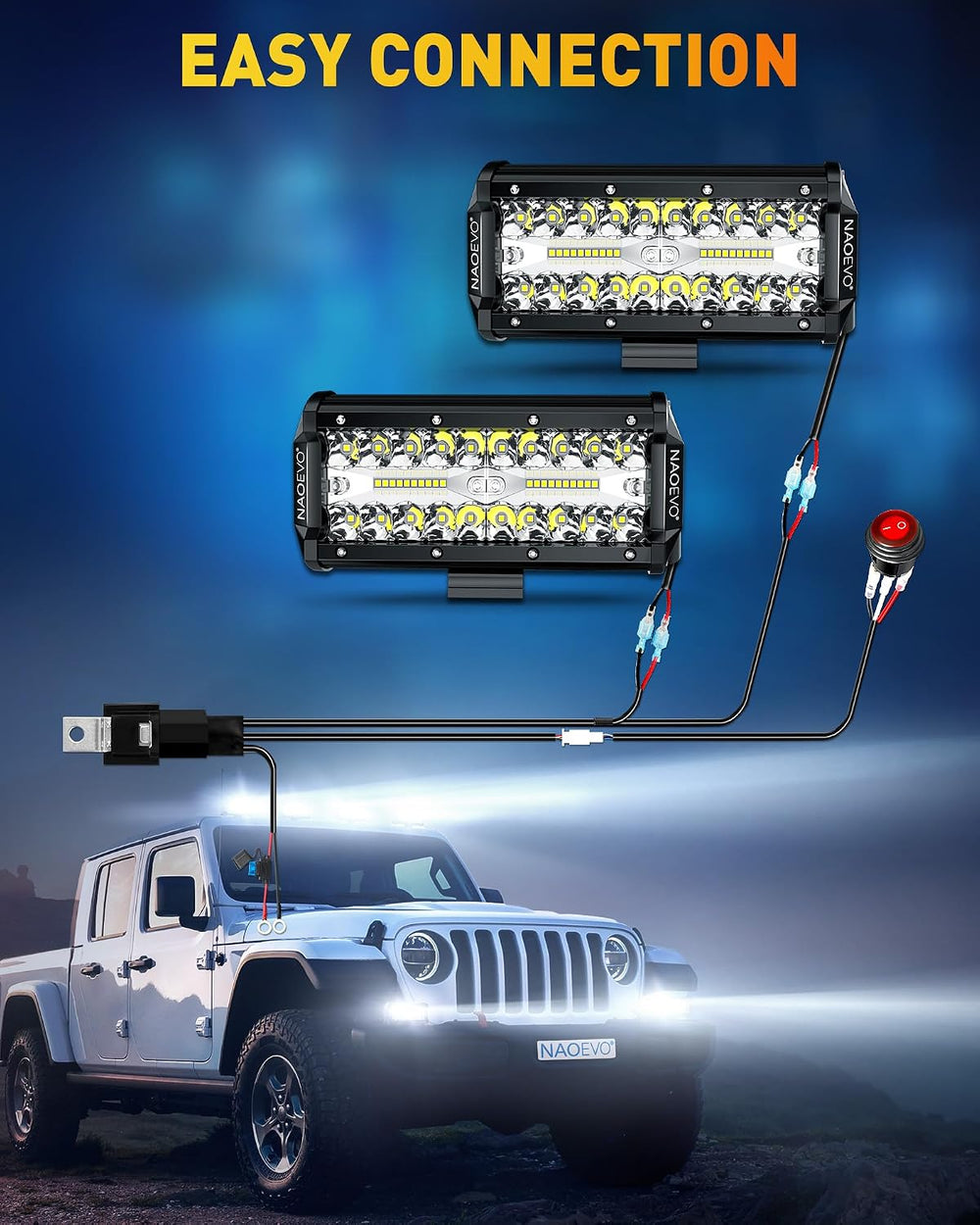 NAOEVO 7 Inch LED Light Bar, White Off Road/Fog Lights with 2-Lead Harness