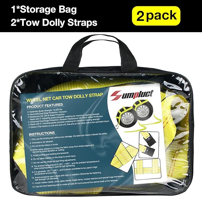 Tow Dolly Basket Straps with Flat Hook-2 Pack, Car Wheel Strap Tire Bonnet Net