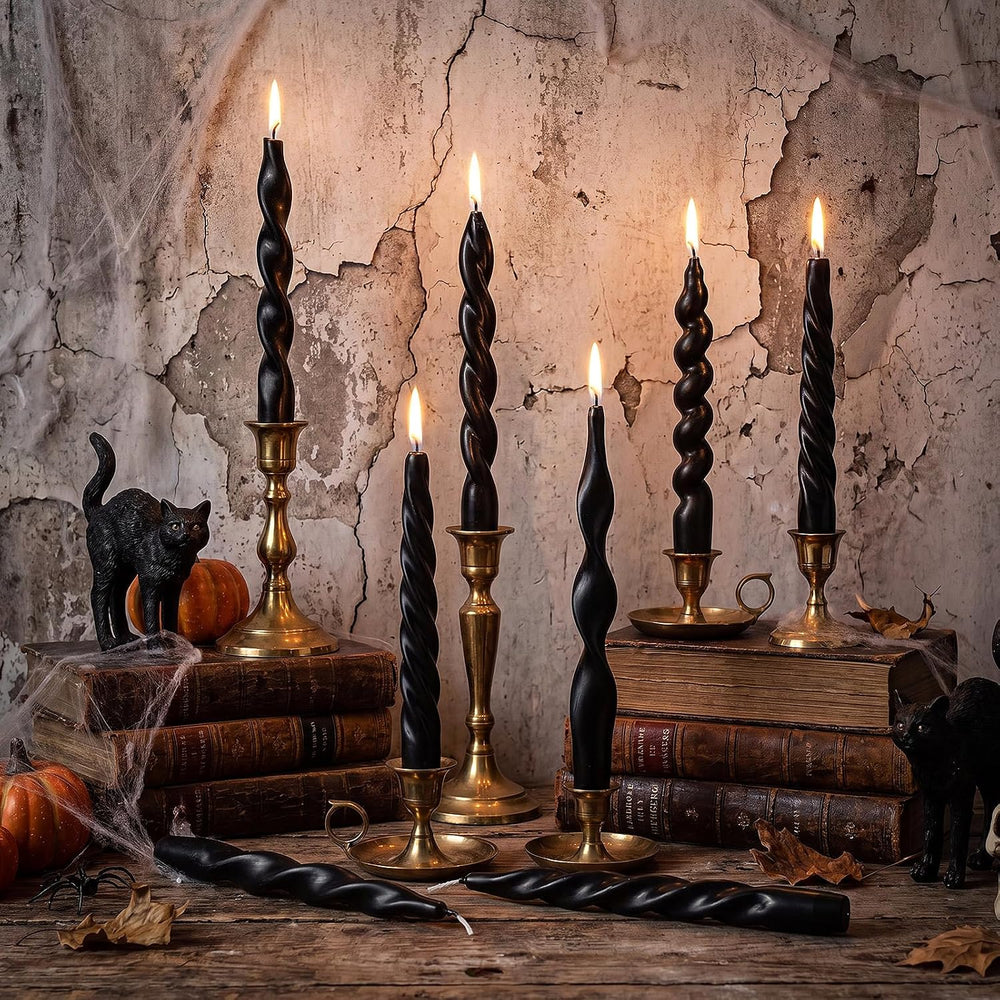 Nuanchu 12 Pcs Black Spiral Taper Candle 7.5" Halloween Twisted Candlestick