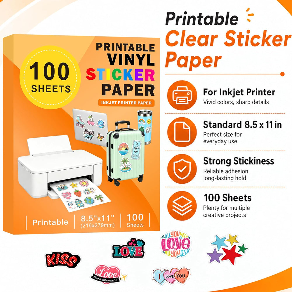 Aevdor Printable Clear Sticker Paper, 100 Sheets, 8.5x11, for Inkjet