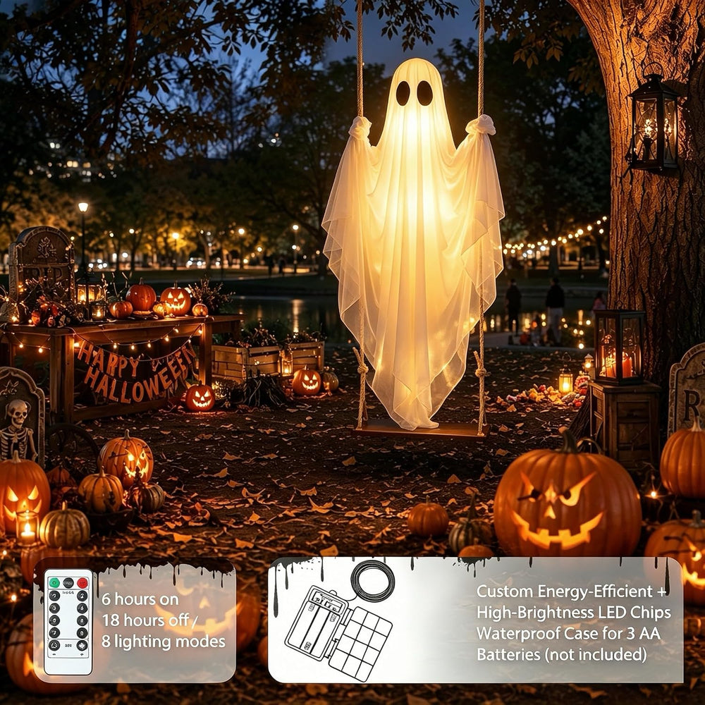 Halloween Decorations Outdoor โ Hanging Swing Ghost 4-8FT, Remote Light Up