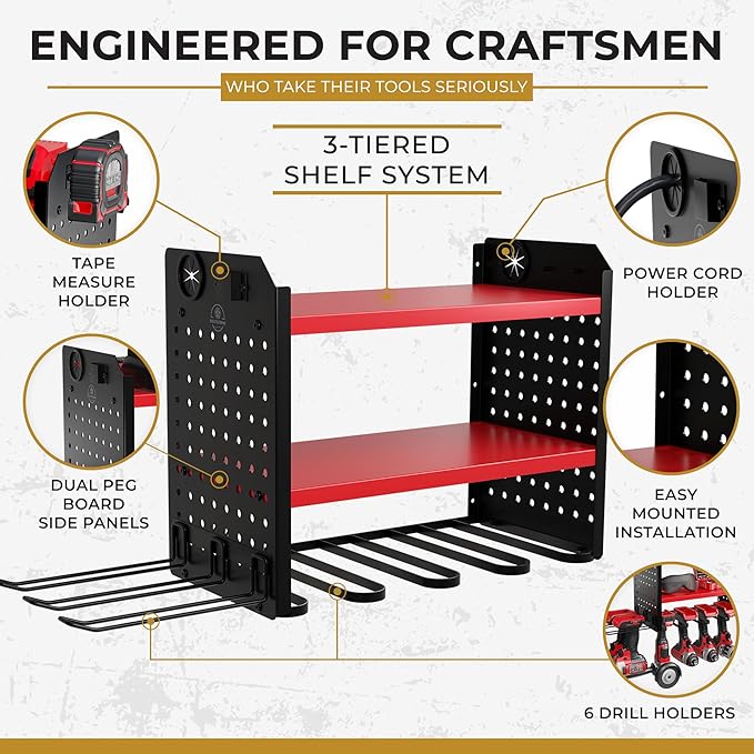 Power Tool Organizer-6 Drill Holder Wall Mount, 3 Tier Heavy-Duty Hand Tool