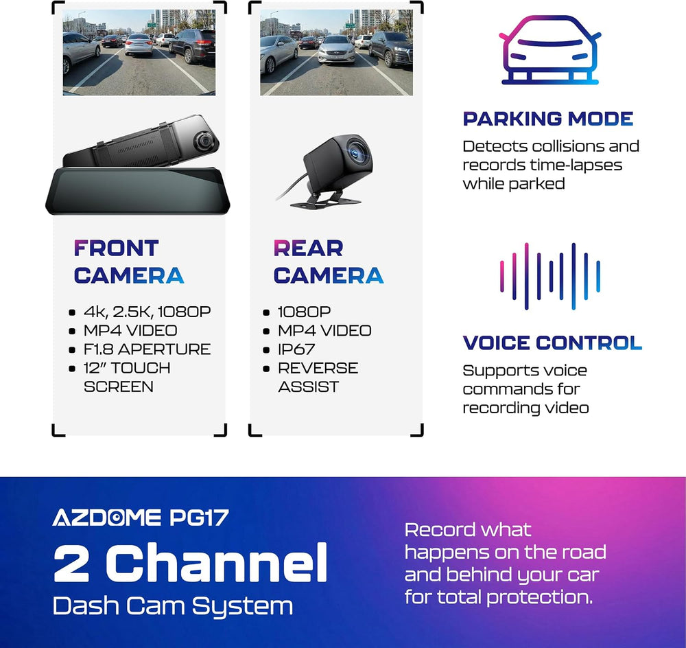 AZDOME PG17 2CH Mirror Dash Cam 4K - 12" Touch Screen - 24H Parking Mode...