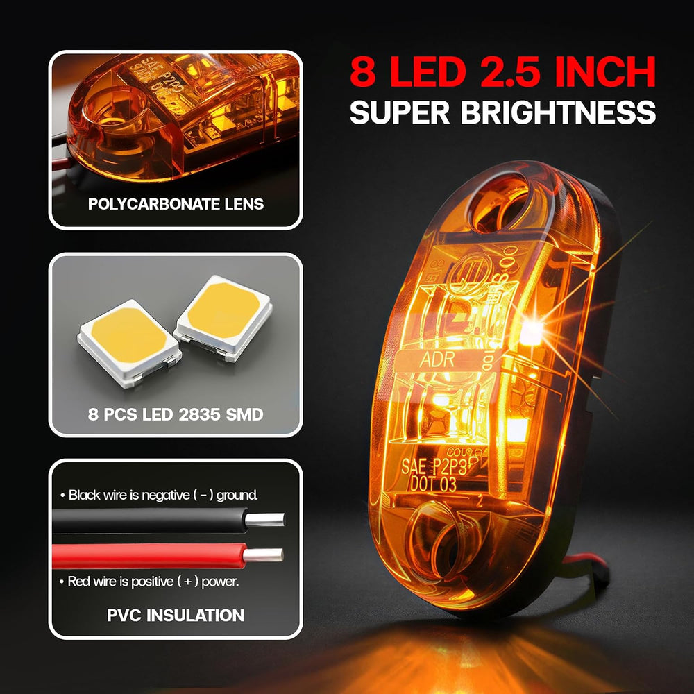 100 Pcs of 2.5 Inch Oval Amber Light 8LED Super Bright LED Trailer Lights Kit...