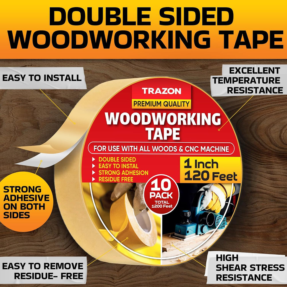 Trazon Double Sided Woodworking Tape Super Strong, 10 Pack, 1 Inch x 120 Feet...