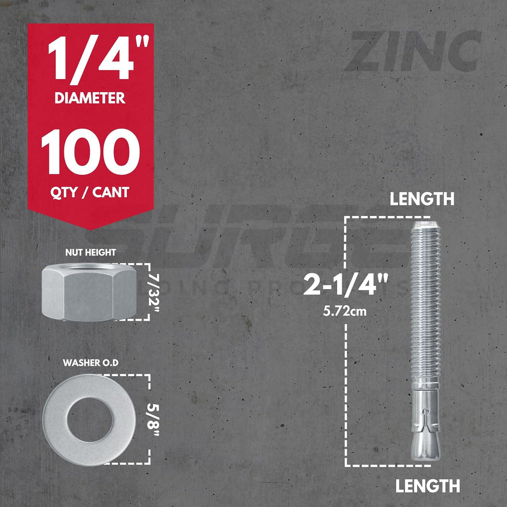 1/4" x 2-1/4" Zinc-Plated Wedge Anchors for Concrete & Cement (...