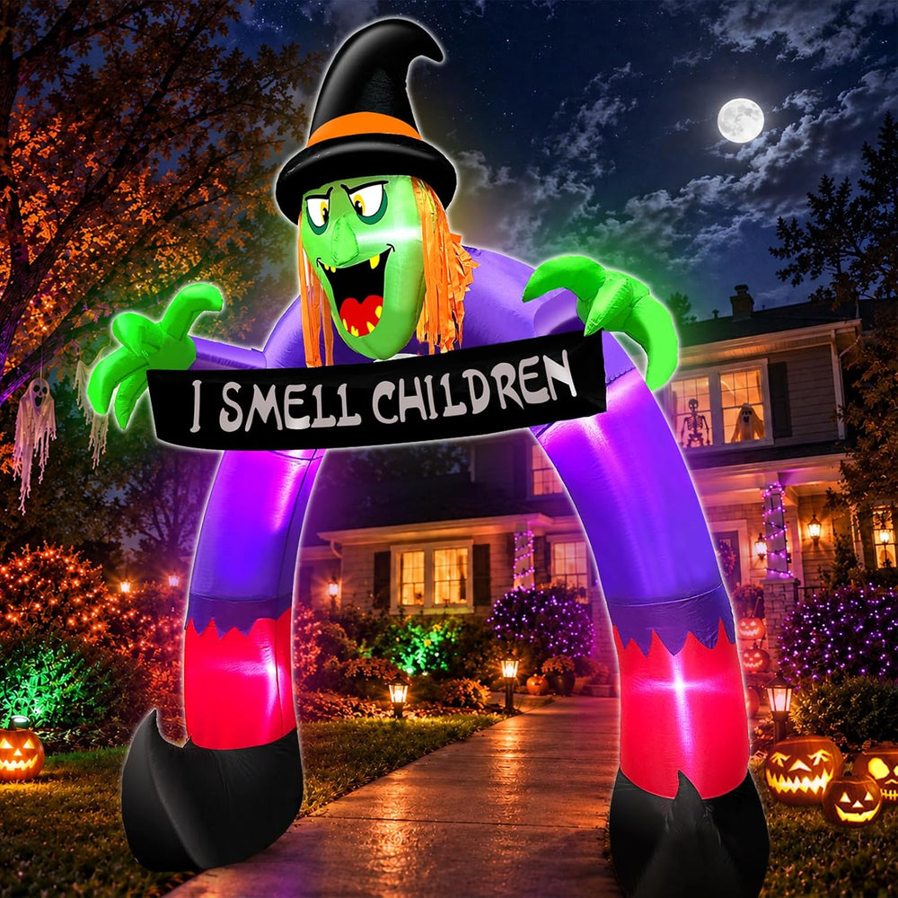 8Ft Halloween Inflatables Outdoor Decorations Witch Holds Banner Archway