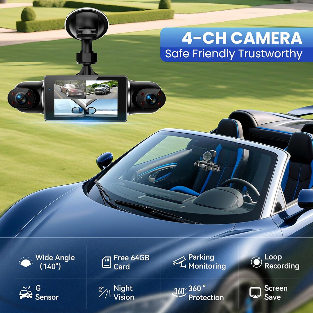 360ยฐView 4 Channel Dash Cam, 4K+1080P Front and Rear Inside Left Right, Dash ...