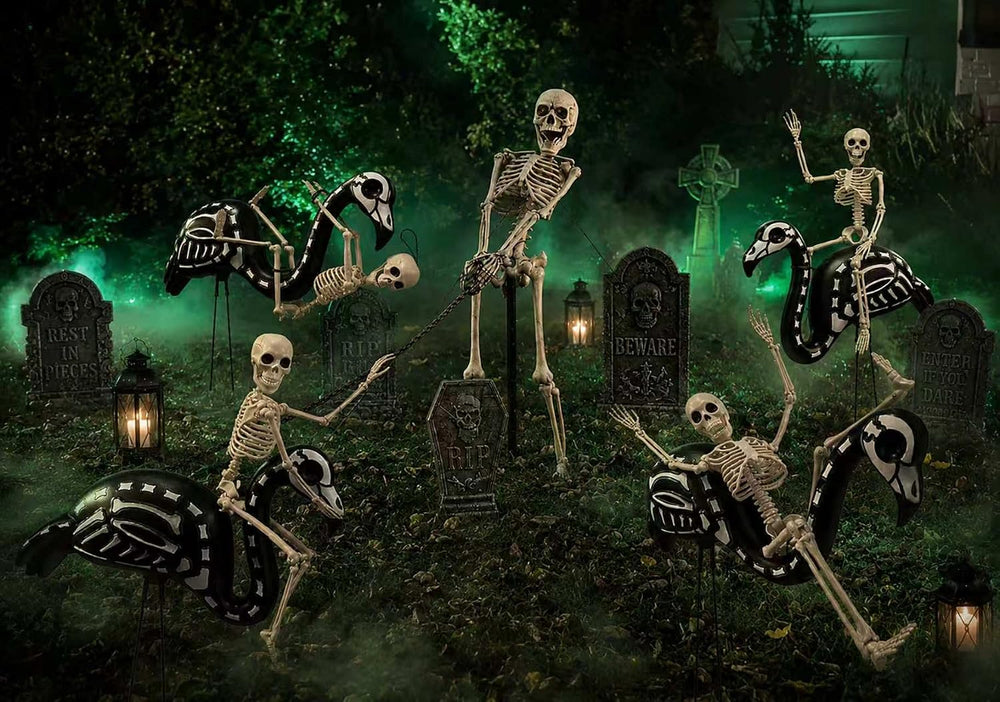4-Pack Halloween Black Flamingo Skeleton with 4-Pack 16" Posable Skeletons