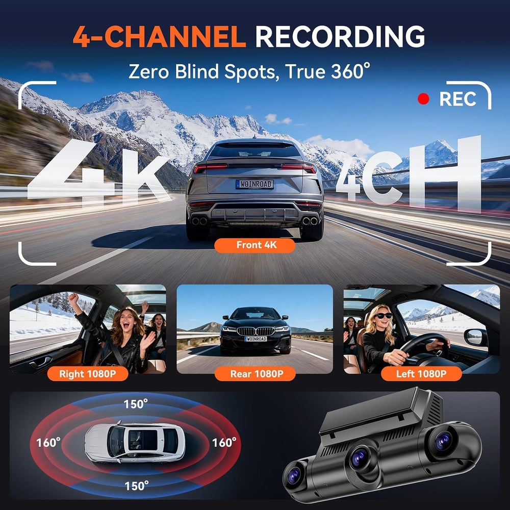 4K 360ยฐ Dash Cam, 4-Channel Front Rear Left Right, WiFi GPS 128GB