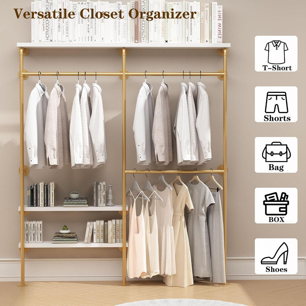 HOMEKAYT Industrial Pipe Clothes Rack with Shelves, Gold Clothing Rack Wall M...