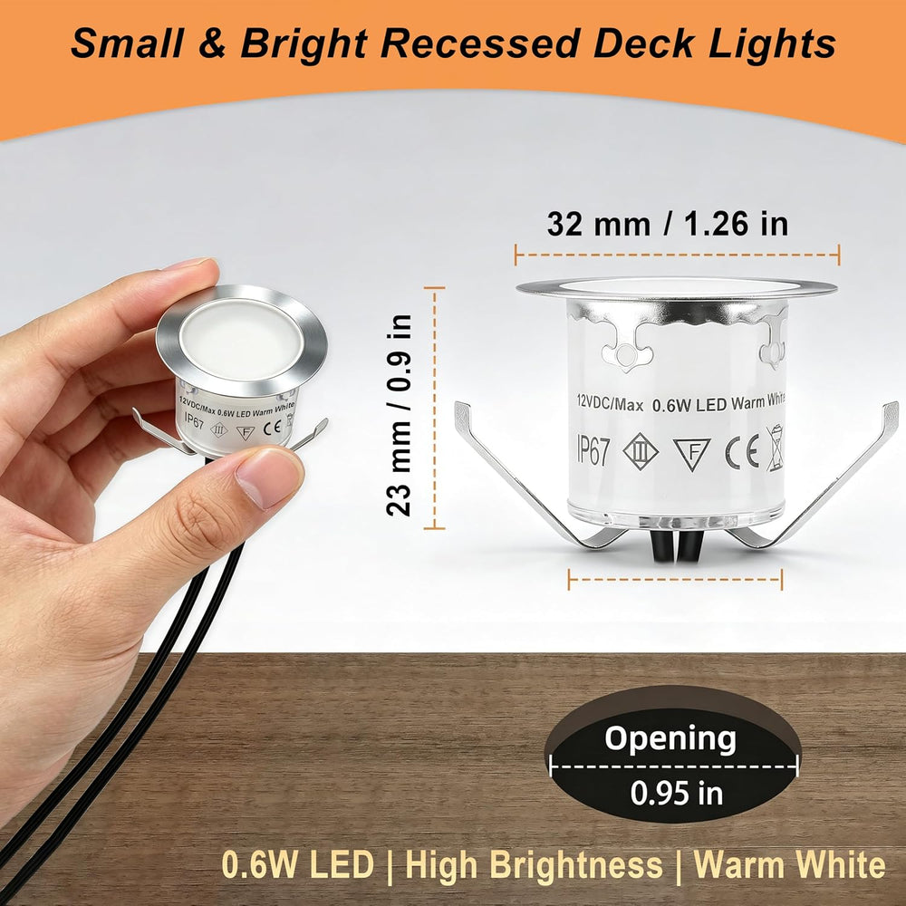 16 Pack Recessed LED Deck Light Kits with 12V Power Adapter, 32mm Warm White,...