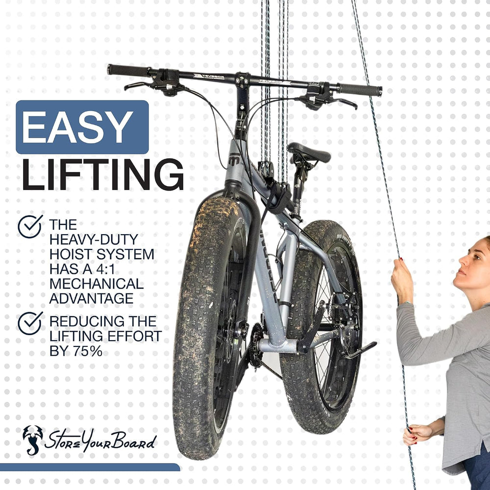 StoreYourBoard Bike Hoist for Garage Ceiling, Pulley Lift System, No Slip