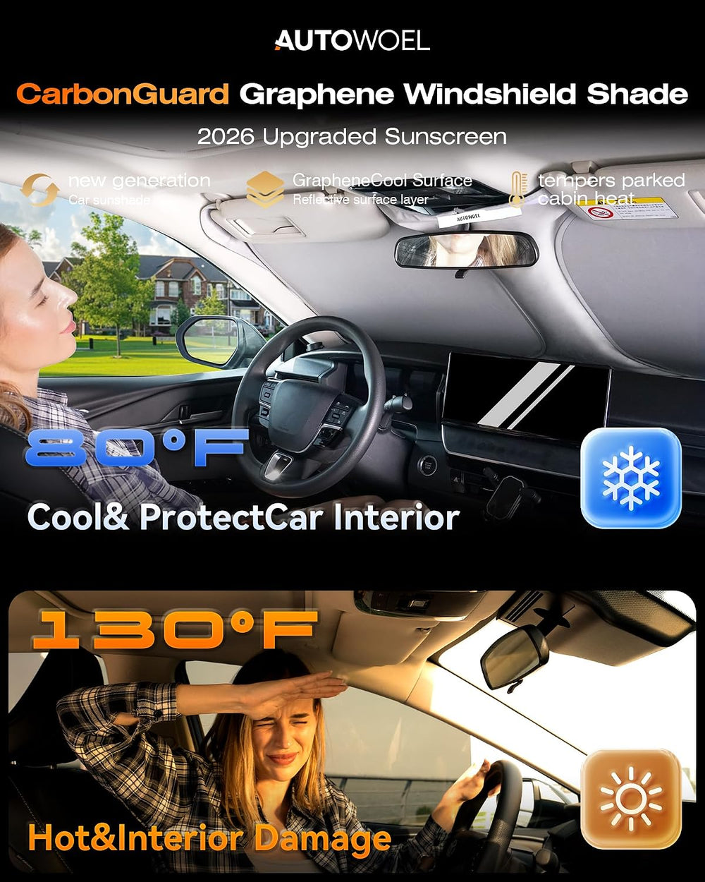 Windshield Sun Shade, Graphene & Activated Carbon Multi-Layer Front Winds...