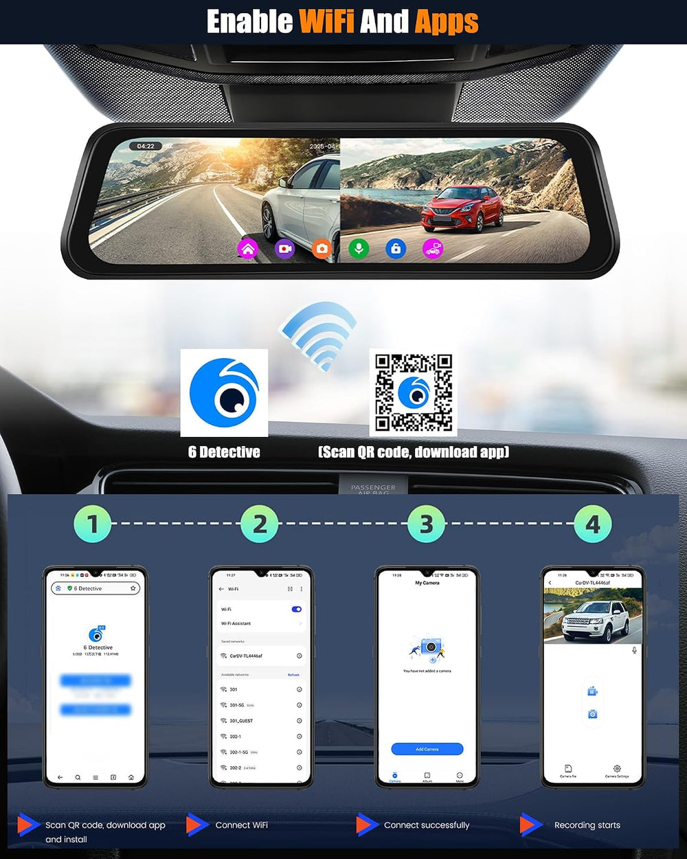 CAMECHO 9.66" 4K Mirror Dash Cam with ADAS, BSD and LCA, Rear View Mirro...