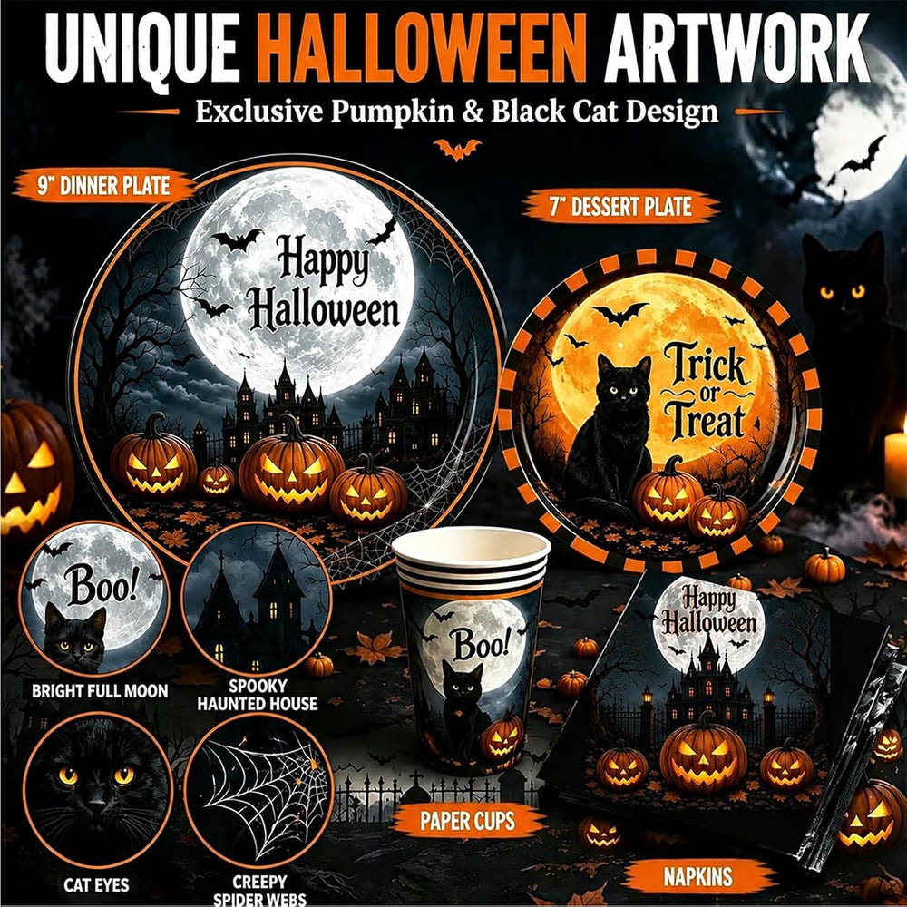 Halloween Party Supplies Plates and Napkins Set, Halloween Disposable Tablewa...