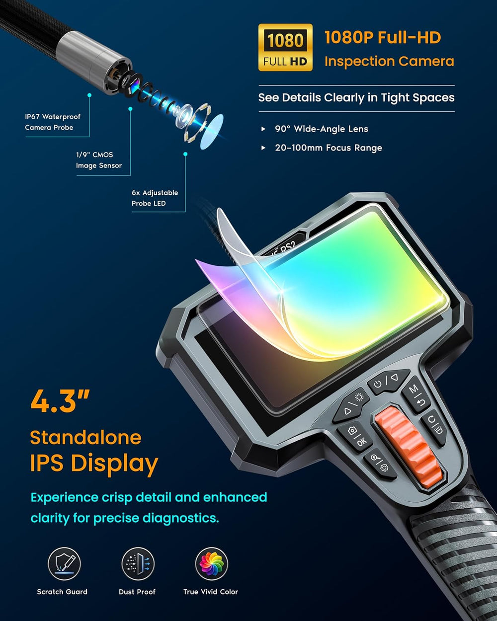 ROVE RS2 Articulating Borescope Camera with Light, 2-Way 210ยฐ, 32GB Card