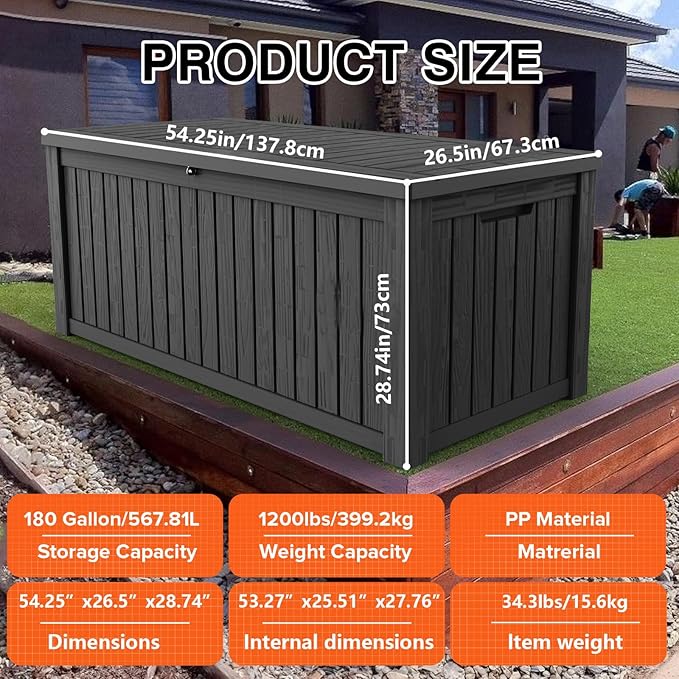 180 Gallon Lockable Resin Deck Box, Waterproof & UV-Resistant Outdoor Sto...