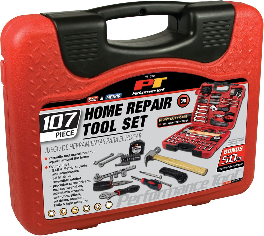 Performance Tool W1532 107-Piece Red Home and Auto Hand Tool Set