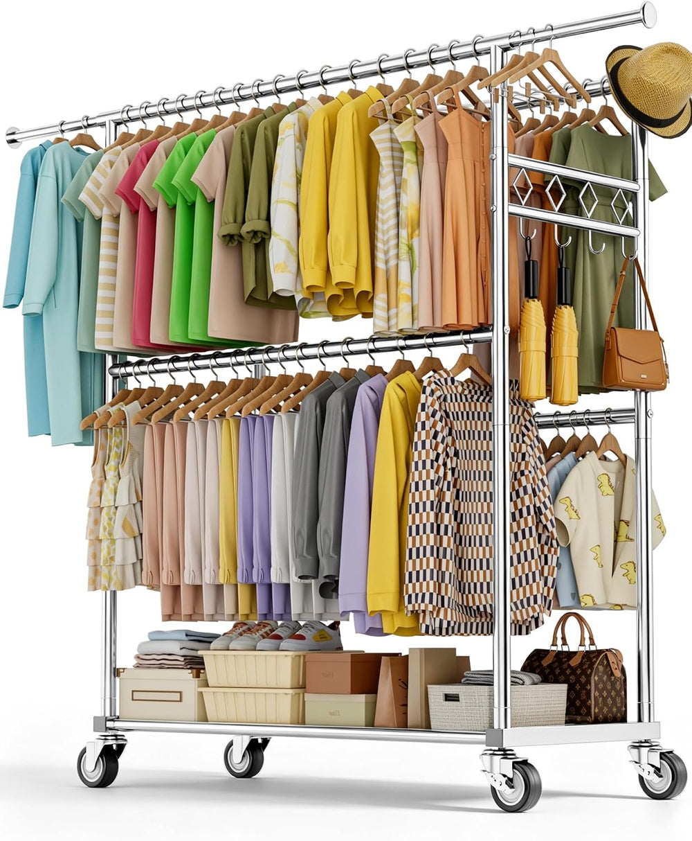 Large Clothes Rack with Shelf Loads 1100lbs, Four Rods Garment Rack, Silver