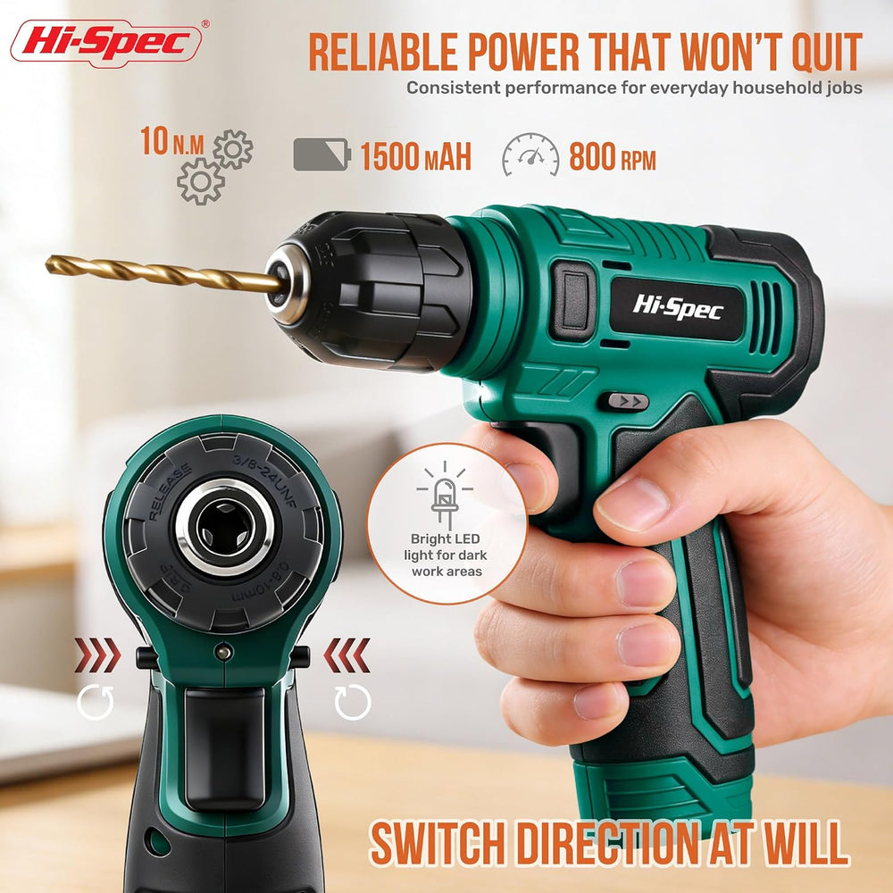 Hi-Spec 8V USB Power Drill Driver and Home Tool Kit with Toolbox Set, Green