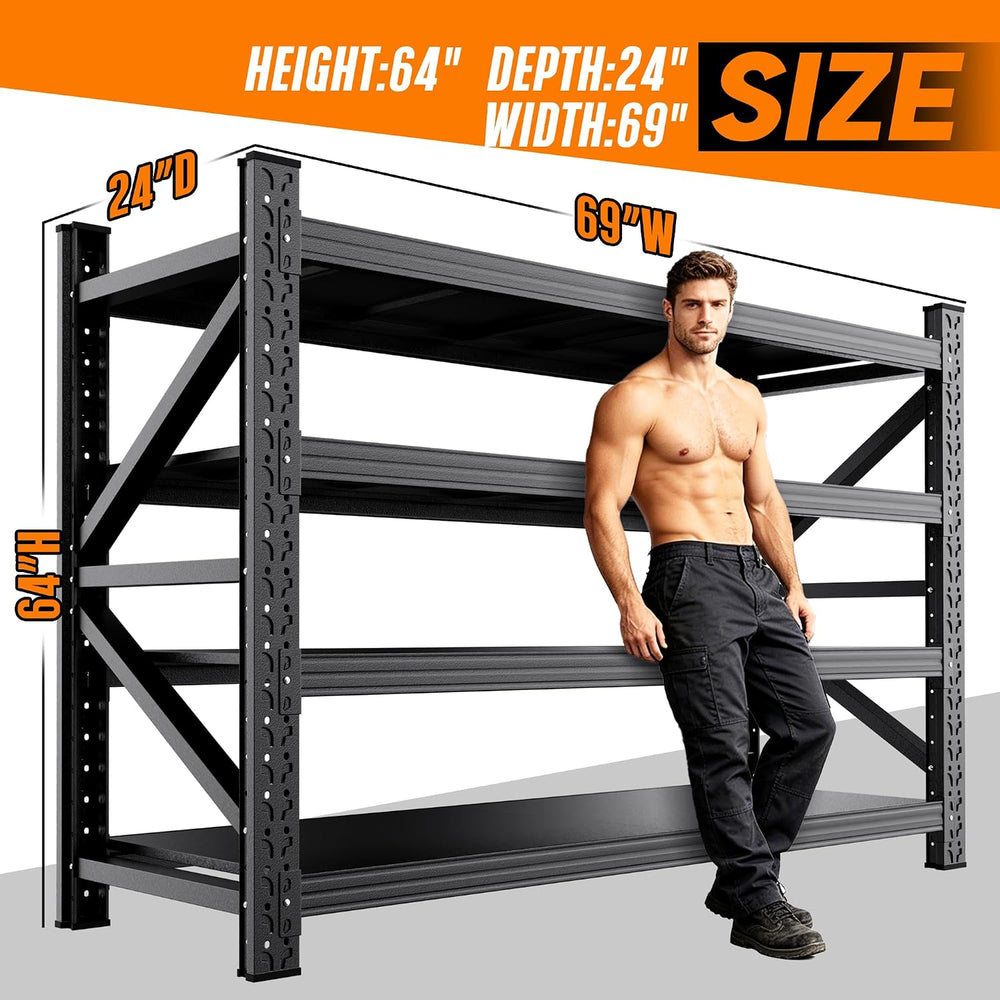69" W Metal Storage Shelves,4 Tier Adjustable Heavy Duty Garage Shelving...