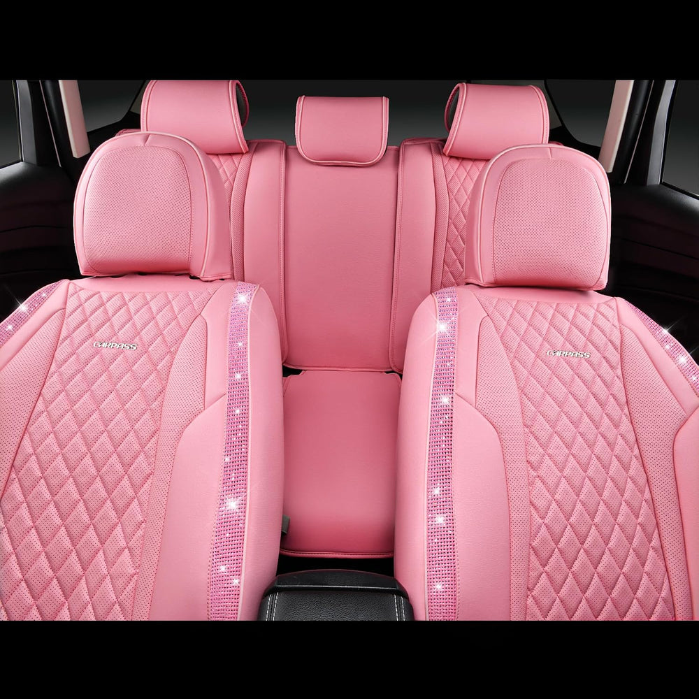 CAR PASS Pink Nappa Leather Car Seat Covers for Full Seats, Bling Diamond Wat...
