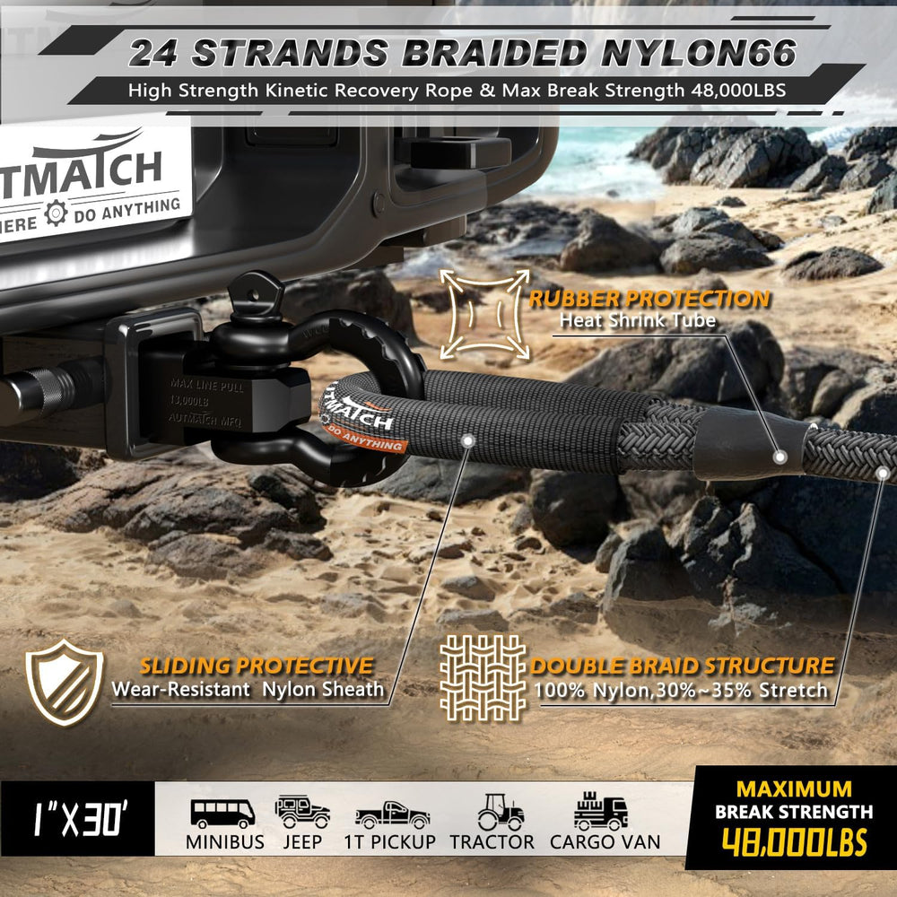 AUTMATCH Kinetic Recovery Tow Rope 1" x 30FT - Heavy Duty Energy Recover...