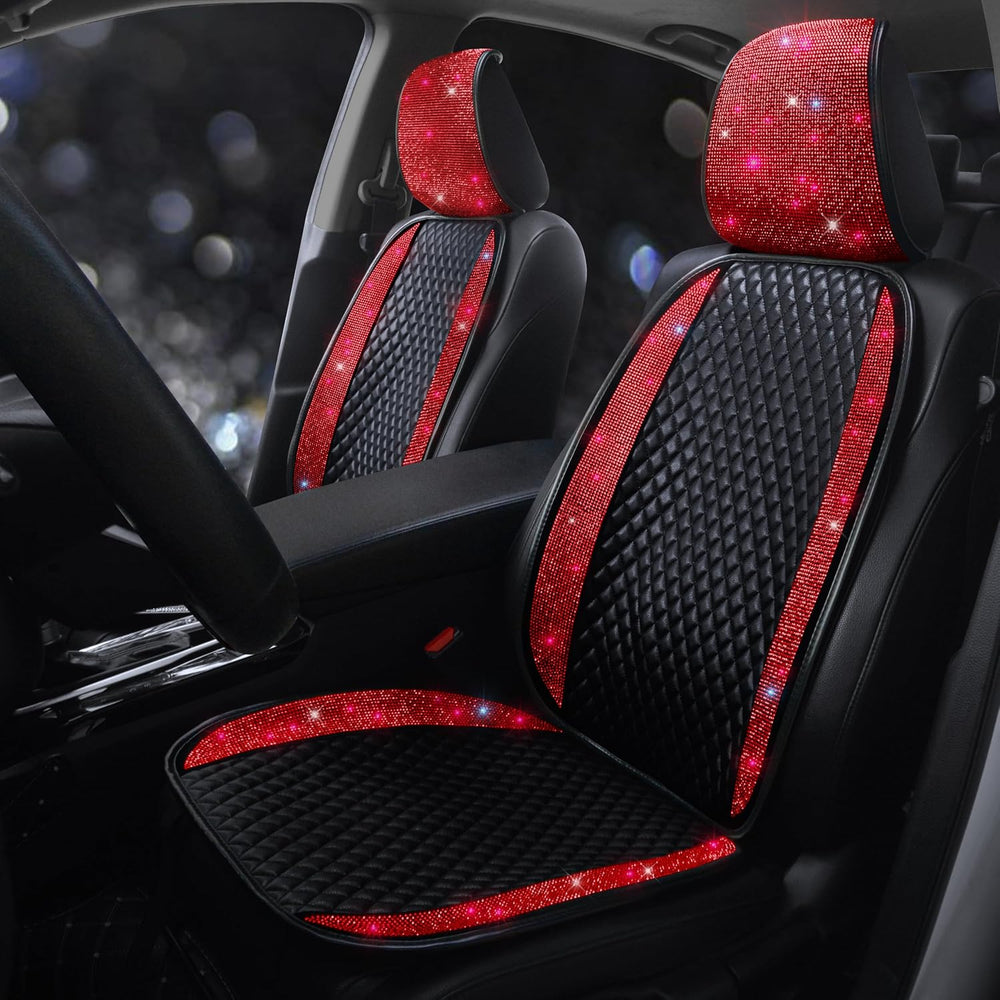 PU Leather Car Seat Cover Bling Rhinestones Front Seat Protector for Girls Wo...