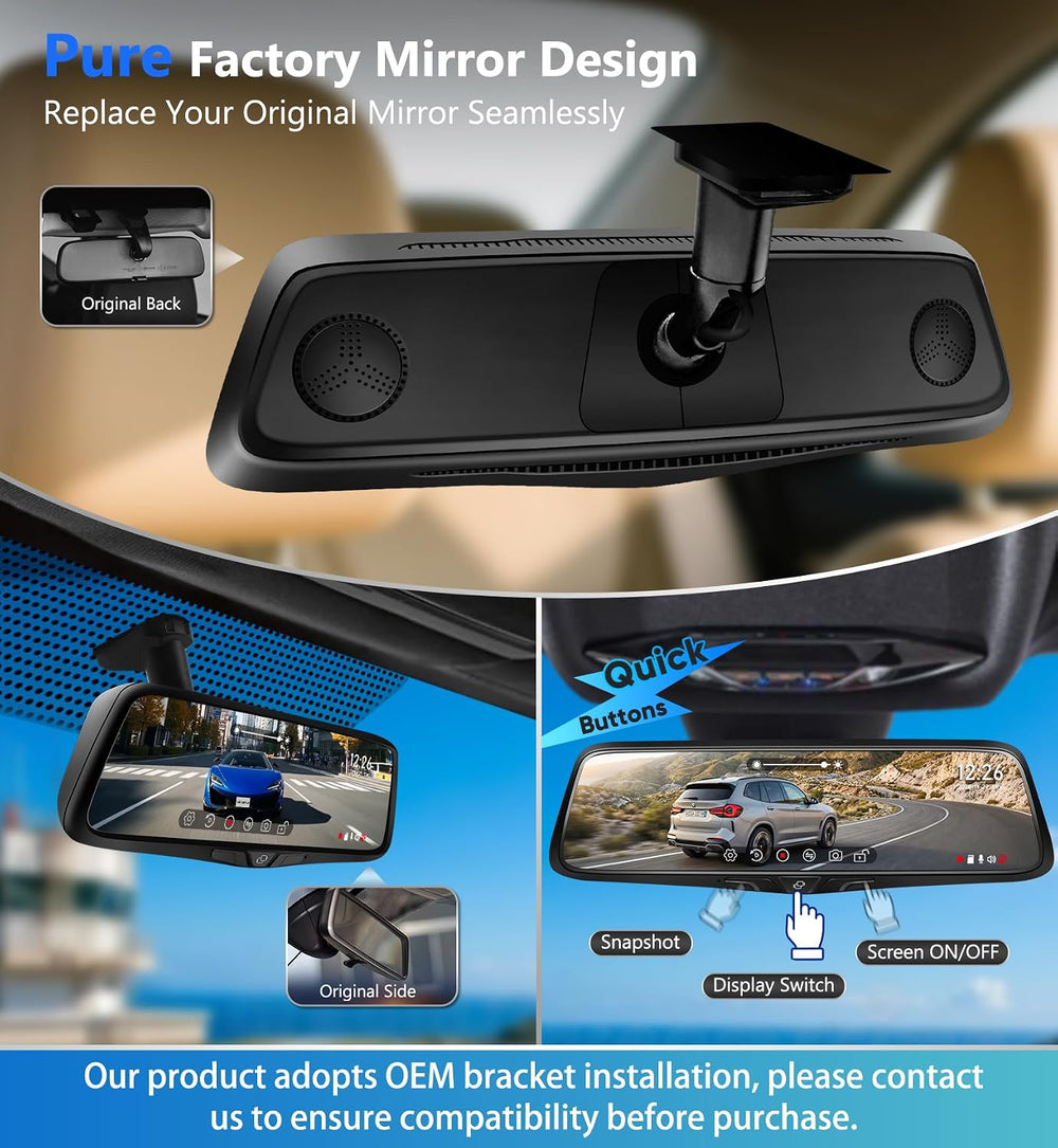 10" OEM Mirror Dash Cam with Detached Front Camera,Rear View Zoom,64GB Card