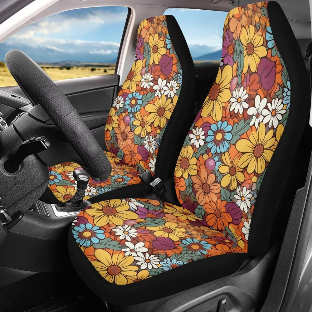 Hippie Flower Orange 2 Pcs Car Seat Covers Front Seats Only Elastic Cushion P...