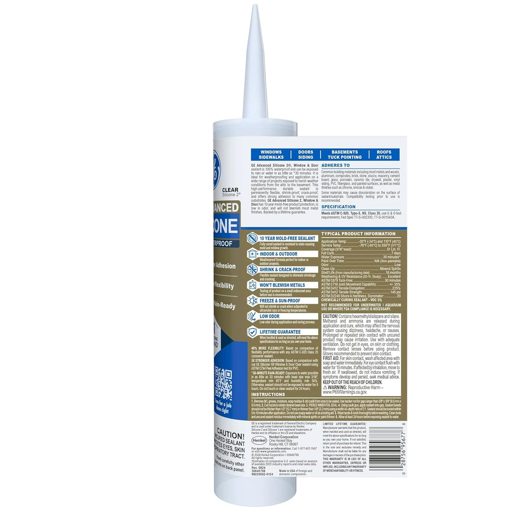 GE Advanced Silicone Caulk for Window & Door, Clear, 10 fl oz Cartridge, ...
