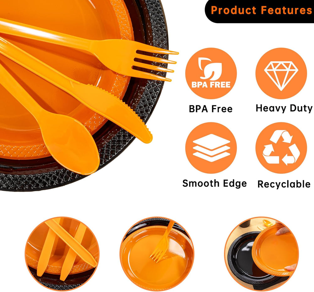 LUODA MirthMood 350PCS black and orange Plastic Plates,Black Disposable Plate...