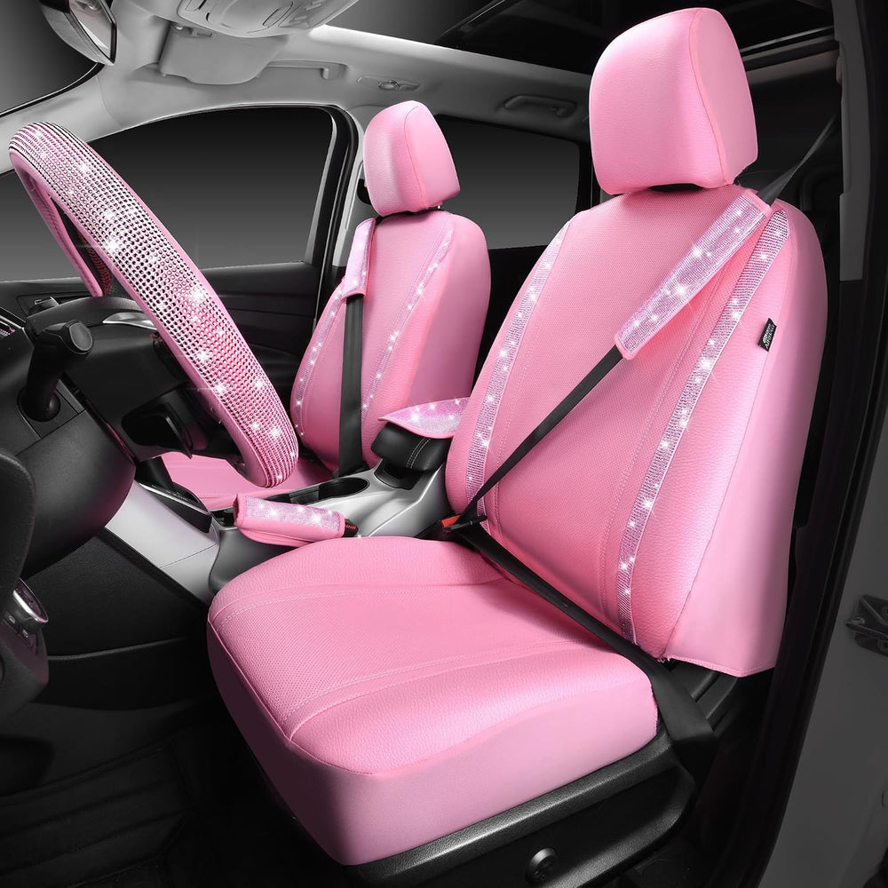 CAR PASS 24 PCS Pink Bling Diamond Accessories Set for Women, Leather Seat Co...