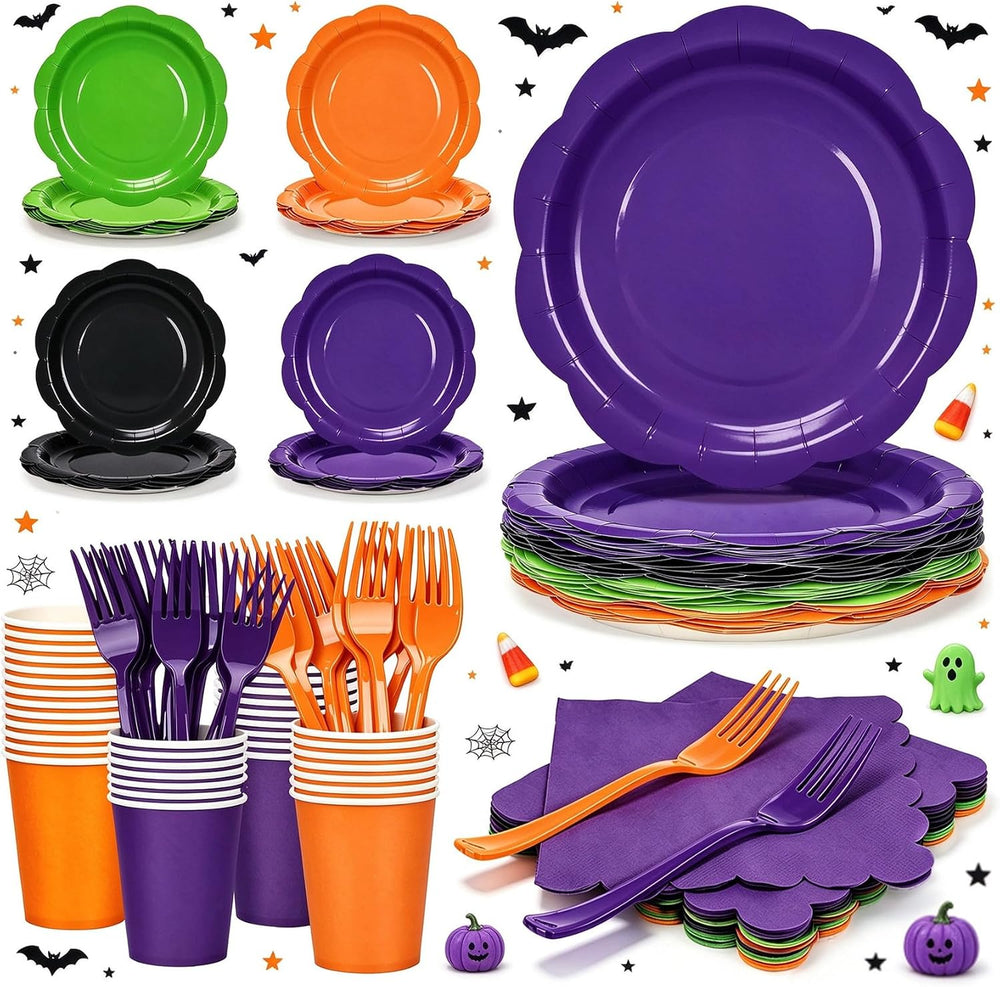192Pcs Purple Orange Balck Plates and Napkins Party Supplies, Disposable 9โโ ...