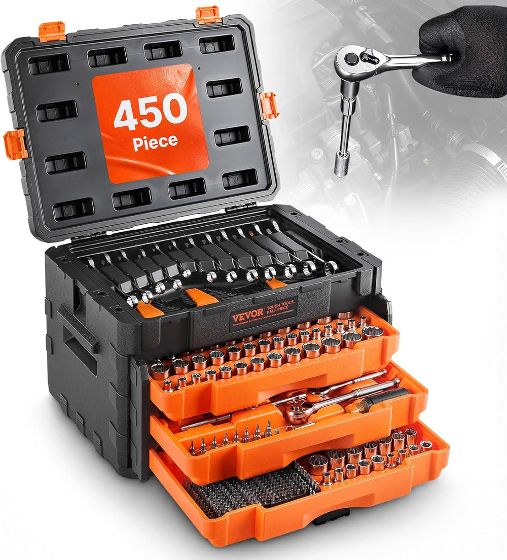 VEVOR Mechanics Tool Set and Socket Set, 450 PCS, 1/4" 3/8" 1/2&quo...