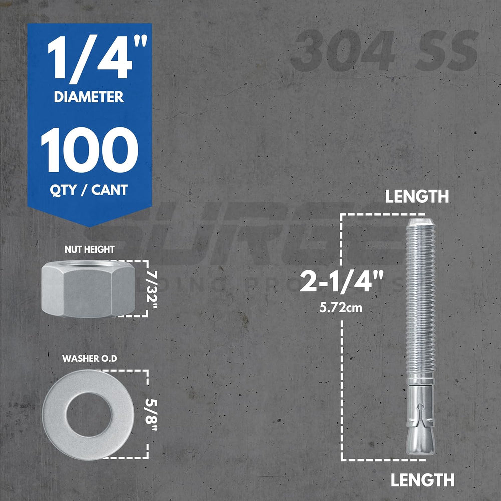 1/4" X 2-1/4" 304 Stainless Steel Wedge Anchors for Concrete (Box o...