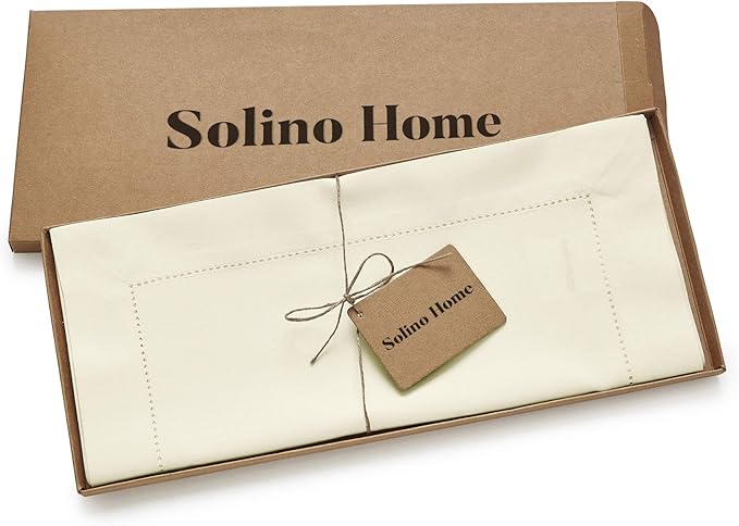 Solino Home Ivory Table Runner 60 Inches - Cotton Linen Hemstitch Coffee Tabl...
