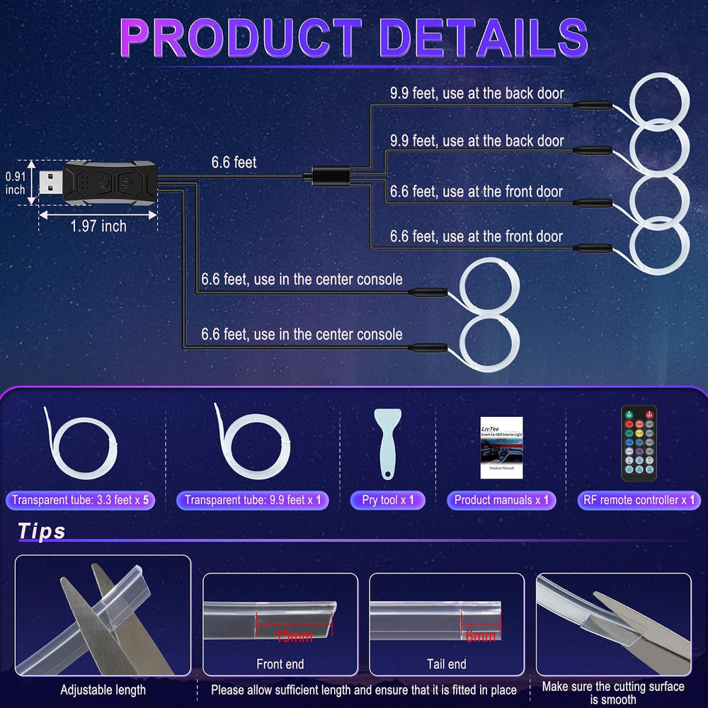 LivTee Smart Car LED Interior Lights with USB Port, LED Strip Fiber Optic Lig...