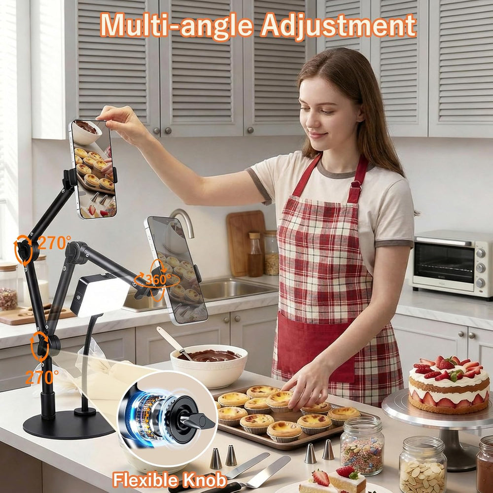 Overhead Phone Mount, 360° Adjustable Height & Position,Selfie Lights