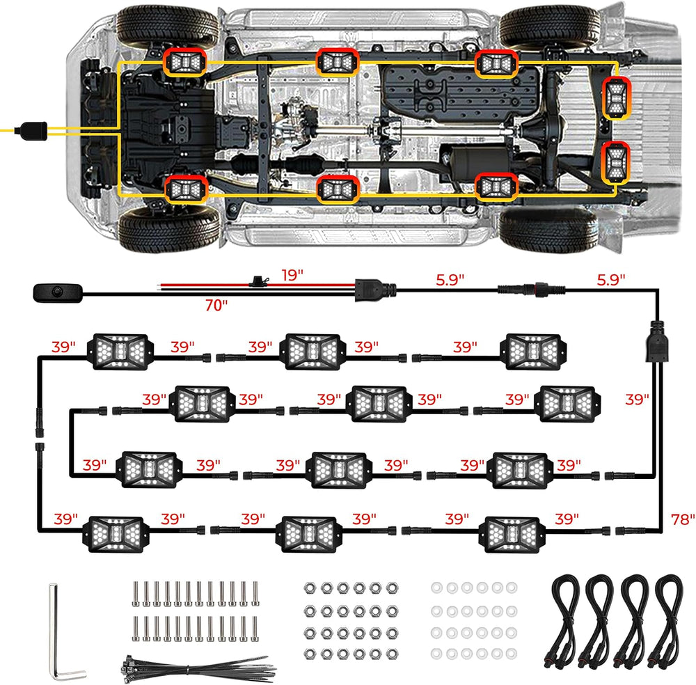 12 Pods Pure White LED Rock Lights Kit with Switch Wiring Harness