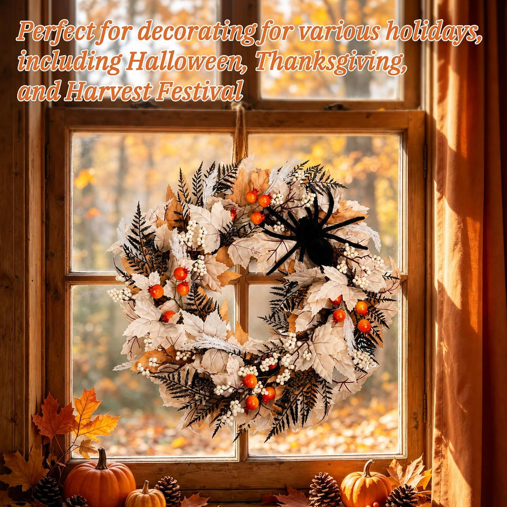 Grooy 24 Inch Halloween Wreath for Front Door with Spider Maple Leaf