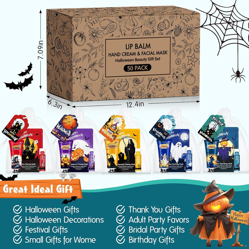 50 Pack Halloween Hand Cream, Facial Mask and Lip Balm Set, Halloween Gifts