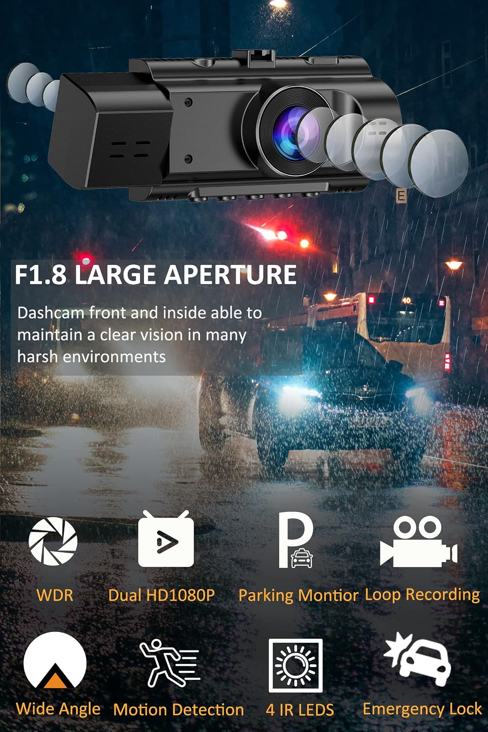 Dual Dash Cam Front and Inside, 1080P Car Camera with Infrared Night Vision