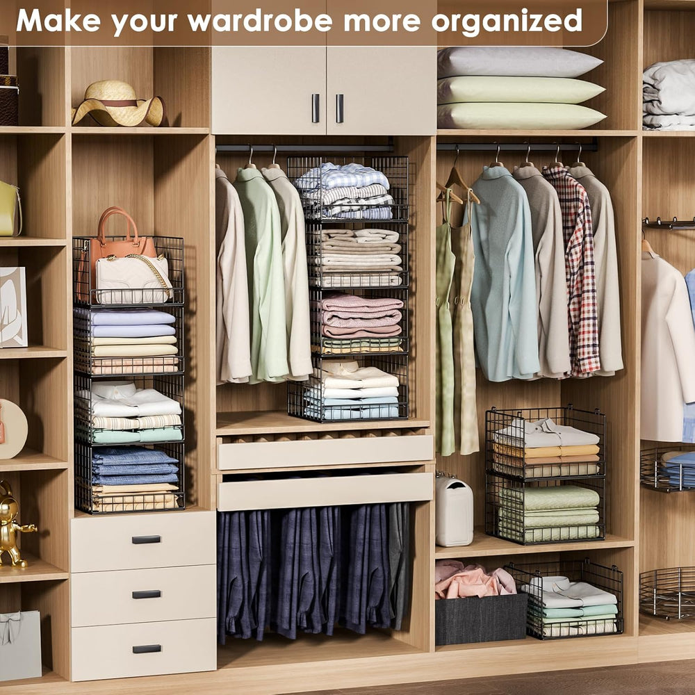 Stackable Closet Organizers and Storage Baskets, 4-Tier Closet Shelf Organize...