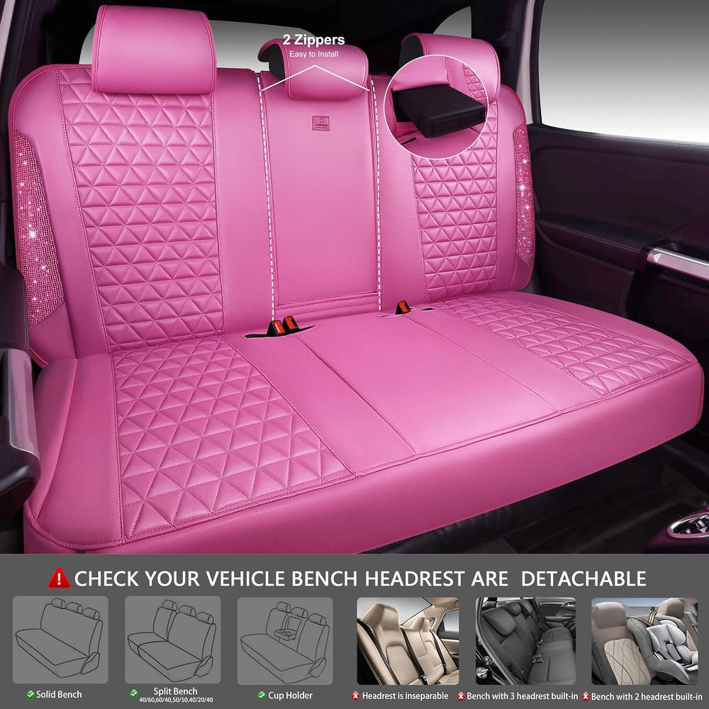 CAR PASS Hot Pink Bling Diamond Leather Car Seat Covers Full Sets, Waterproof...